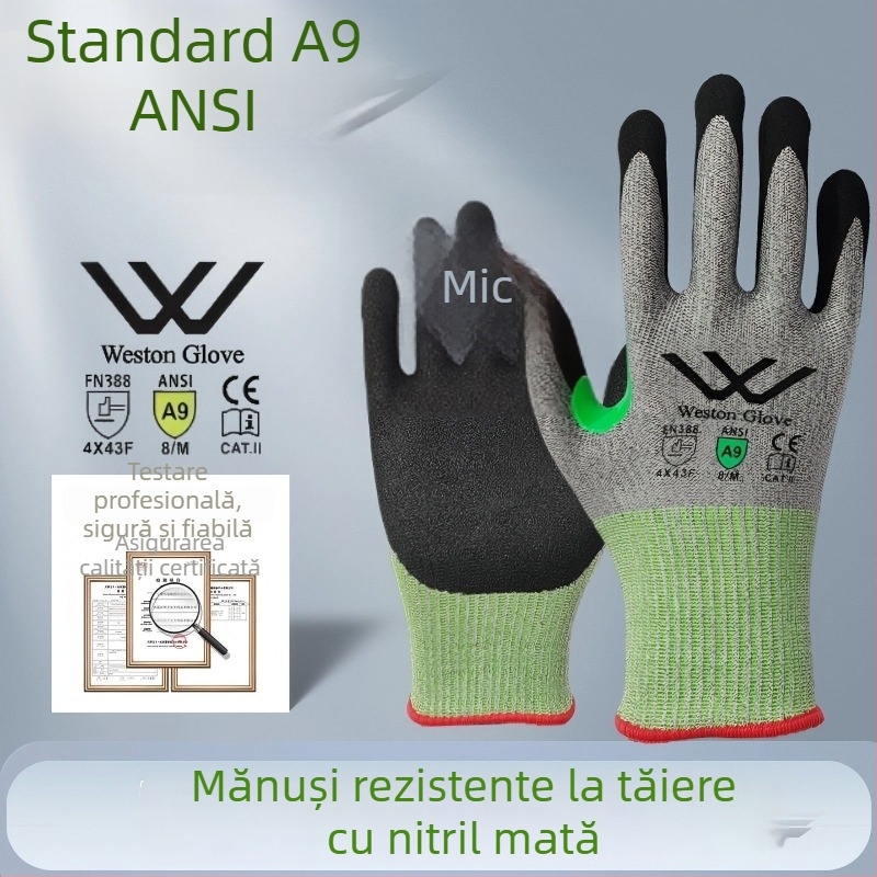 Mănuși pentru protecție la tăiere, nitril A9, finisaj mat, antiderapante și rezistente la uzură