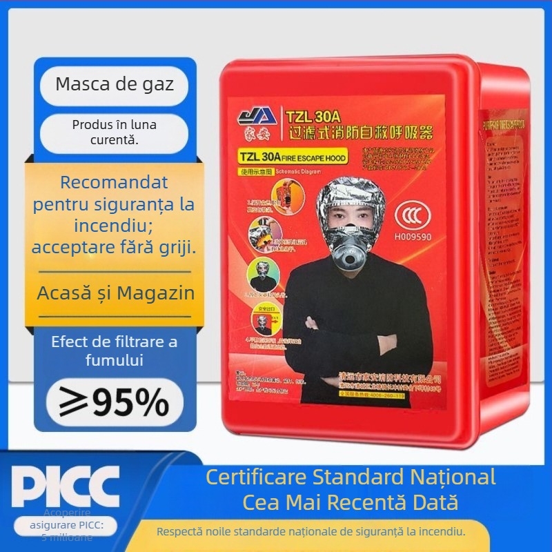 Mască de respirație antiincendiu, certificat 3C, protecție antivirus și anti-fum, respirator de evacuare pentru casă și hoteluri