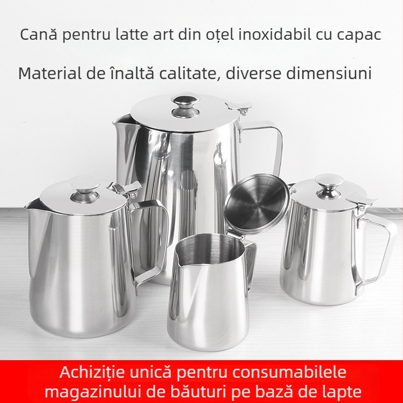 Pichet din oțel inoxidabil pentru latte art, cu capac, gură de turnare ascuțită și corp îngroșat