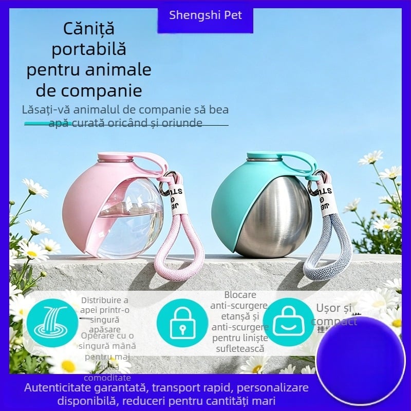 Sticlă din oțel inoxidabil pentru apă pentru animale de companie, cu cupă pliabilă pentru câini și pisici