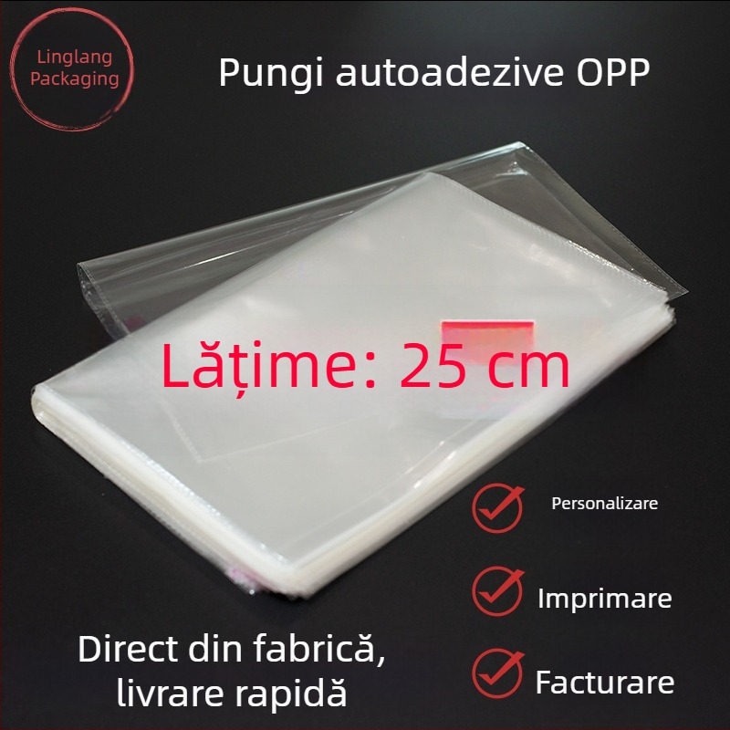 Pungă OPP transparentă, autoadezivă, lățime 25 cm, pentru ambalarea bijuteriilor și a altor produse