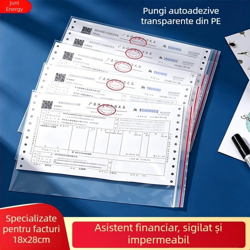 Pungi cu autoseal pentru facturi, transparente, 18×28 cm, pentru documente și chitanțe TVA