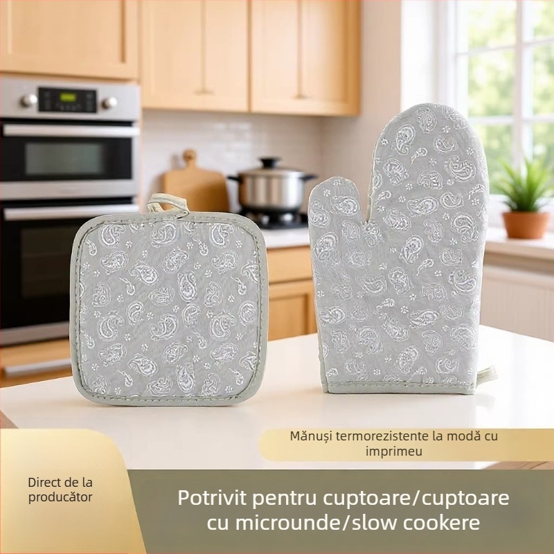 Set din două piese: mănuși de cuptor din bumbac și in, izolație termică înaltă, protecție împotriva arsurilor, bucătărie