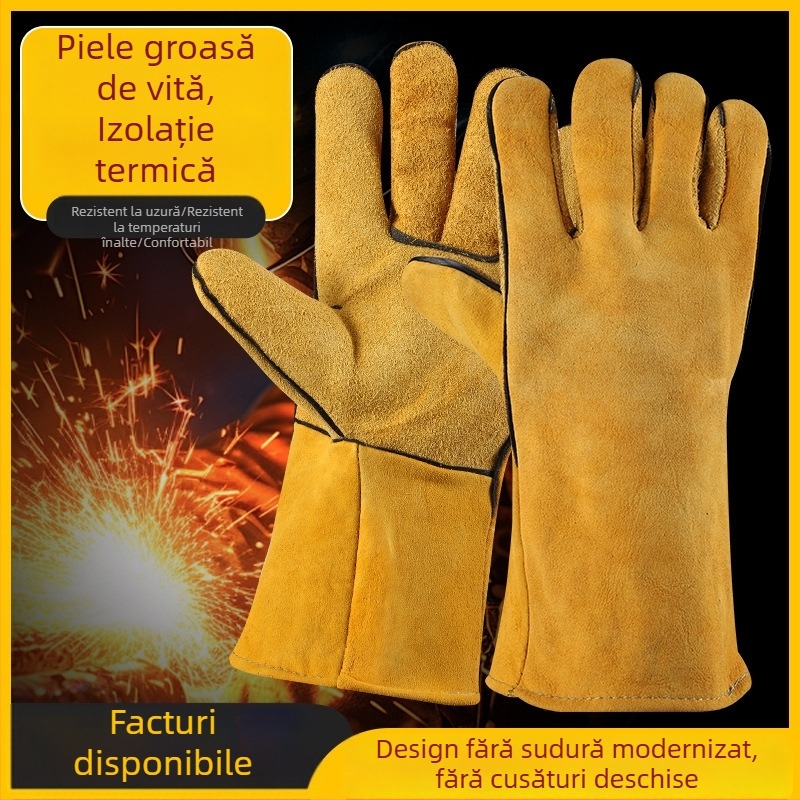 Mănuși de sudură cu izolație termică, groase, rezistente la uzură, din piele de vițel, rezistente la temperaturi înalte, anti-arsură, moi și confortabile, ignifuge