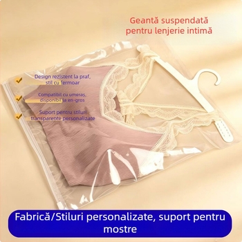 Sac de depozitare pentru lenjerie feminină, cu cârlig pentru agățat și fermoar, material PE, ambalaj transparent