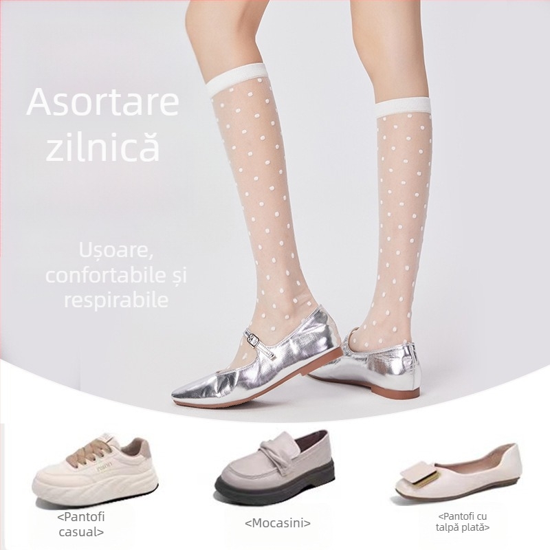 Șosete până la gambe pentru femei, vară, respirabile, stil colegiu, model cu buline, culoare solidă, din bumbac