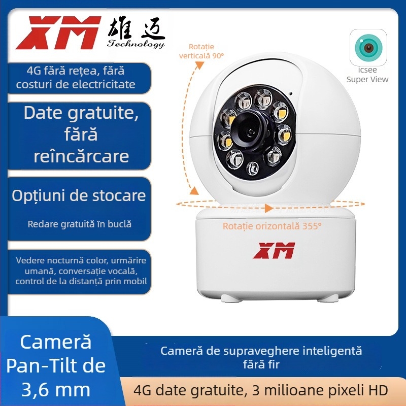 Cameră de supraveghere interior 4G, 3MP, cu PTZ (Pan-Tilt), HD