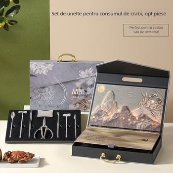 Set cu opt unelte din oțel inoxidabil pentru mâncarea racului, într-o cutie cadou cu ambalaj creativ, cutie cu capac basculant și cutie pentru card VIP