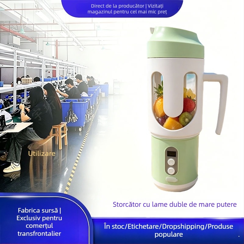 Storcător de suc portabil, fără fir, pentru fructe, compact, multifuncțional, cu lamele duble, complet automat