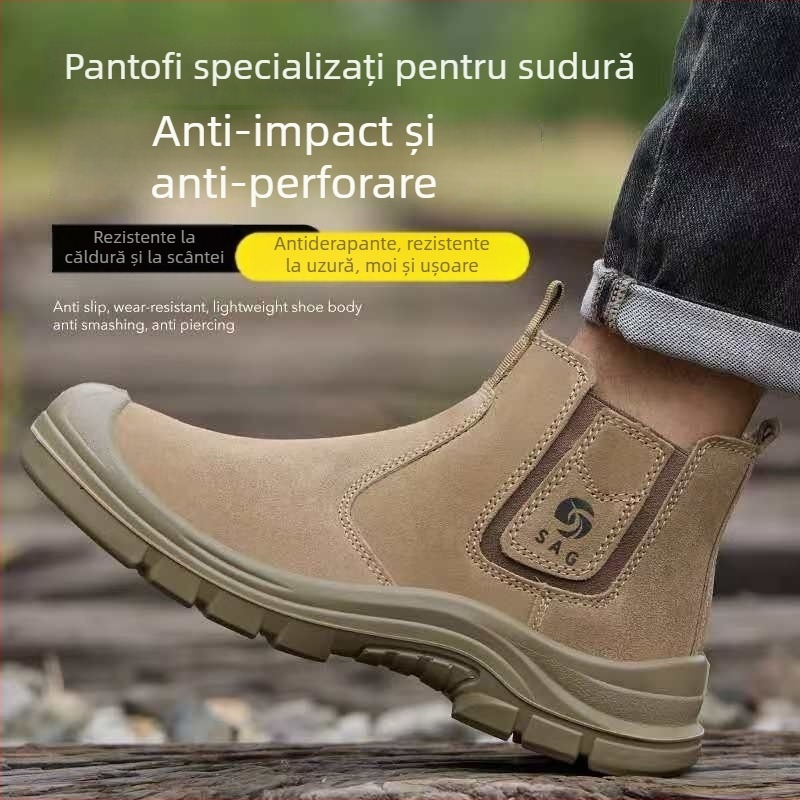 Pantofi de protecție pentru bărbați, talpă solidă pentru sudură, anti-miros, vârf din plastic-otel, rezistenți la șocuri și perforare, antiderapante, ușori