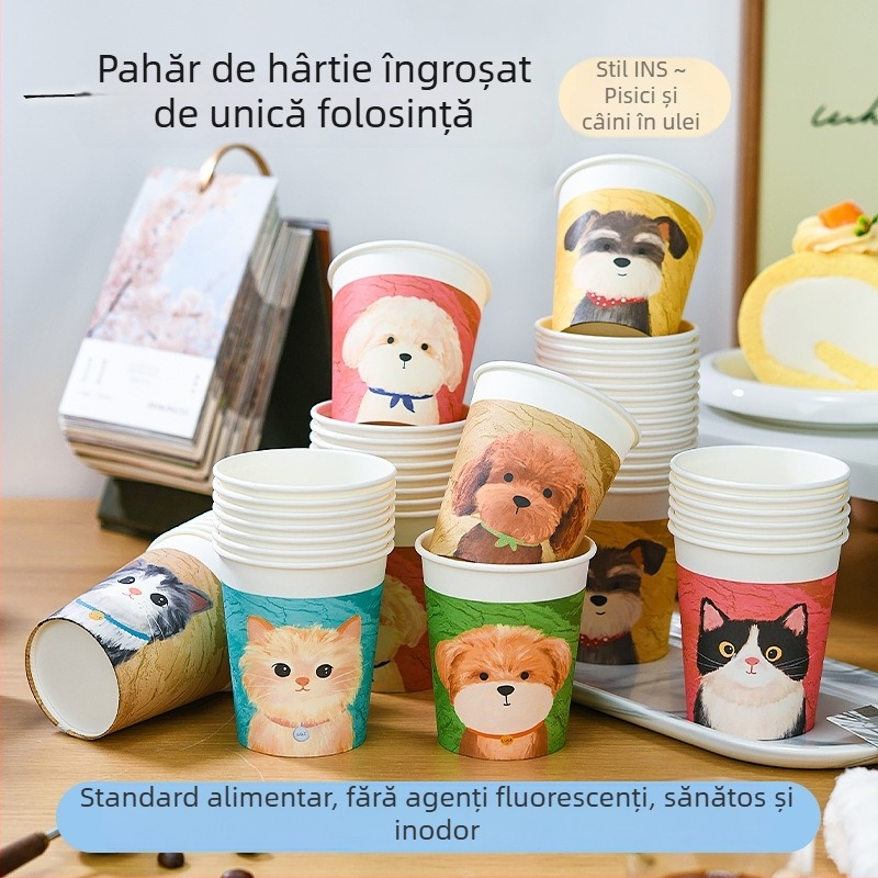 Cupe de hârtie de unică folosință în stil pictură în ulei, cu pui drăguț, 250 ml, grosime mai mare, pentru uz casnic, model cartoon, cutie cu 50 bucăți
