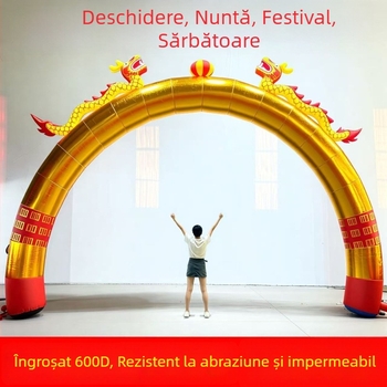 Arc gonflabil de nuntă cu curcubeu auriu, dragon și phoenix, iluminare exterioară