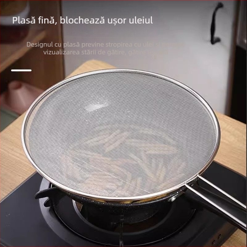 Capac de oală din oțel inoxidabil, rotund, cu mâner, protecție împotriva stropilor de ulei și plasă anti-stropi