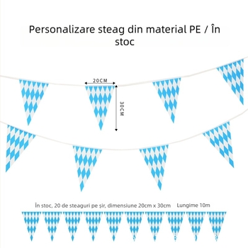Steag triangular PE pentru Oktoberfest, albastru și alb bavarez, imprimare față-verso