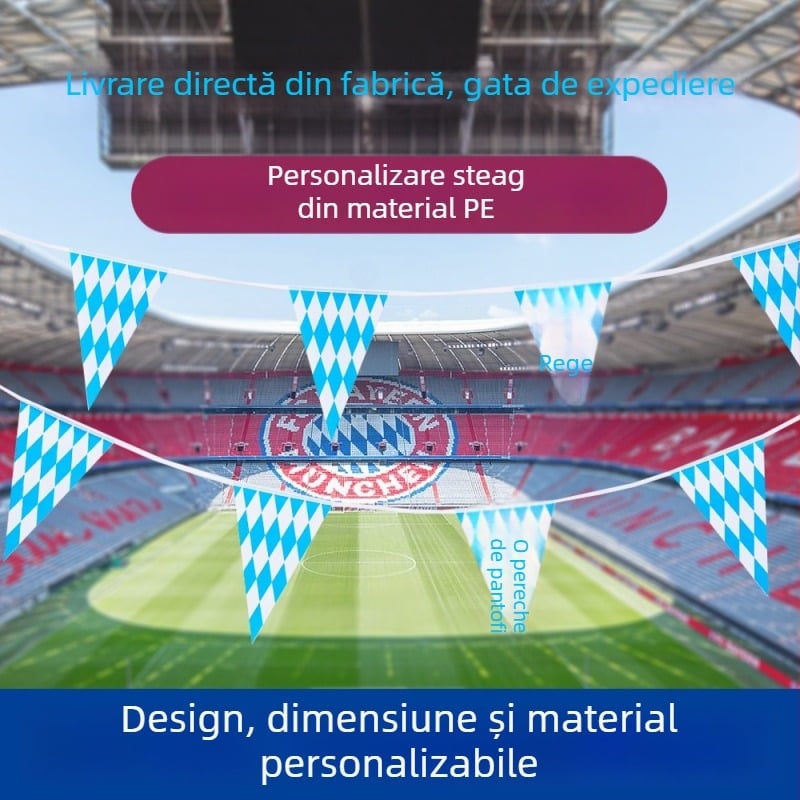 Steag triangular PE pentru Oktoberfest, albastru și alb bavarez, imprimare față-verso