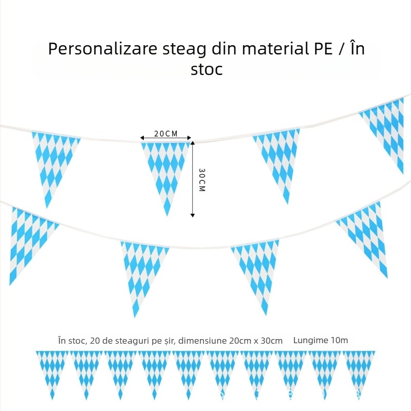 Steag triangular PE pentru Oktoberfest, albastru și alb bavarez, imprimare față-verso