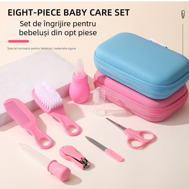 Set de îngrijire pentru bebeluși, 8 piese: șampon pentru nou-născuți, masaj, pieptene cu peri moi, pipetă pentru medicamente