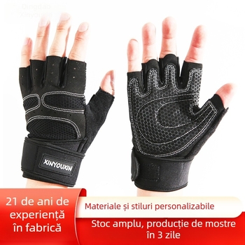 Mănuși de sală unisex pentru antrenament și ridicare de greutăți, cu degete parțiale, suport pentru încheietură, antiderapante și absorbție a șocurilor