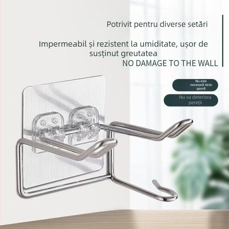 Suport pentru uscător de păr din oțel inoxidabil, montare pe perete, fără găuri, raft de baie