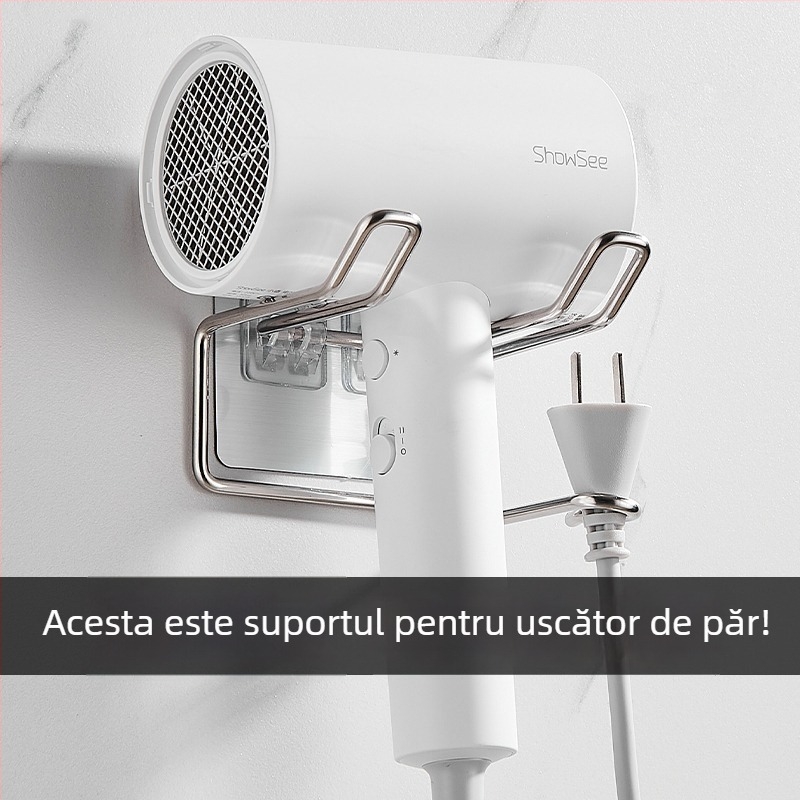 Suport pentru uscător de păr din oțel inoxidabil, montare pe perete, fără găuri, raft de baie