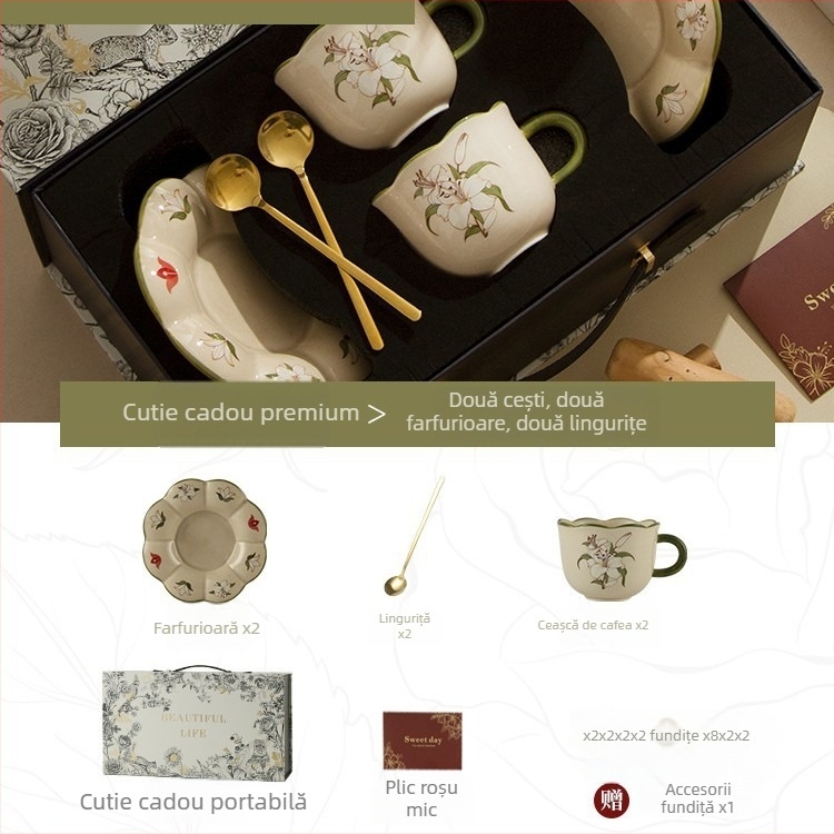 Set cești de cafea și farfurioare cu crin în stil pastoral, ceașcă de cafea din ceramică de înaltă calitate, cutie cadou elegantă.