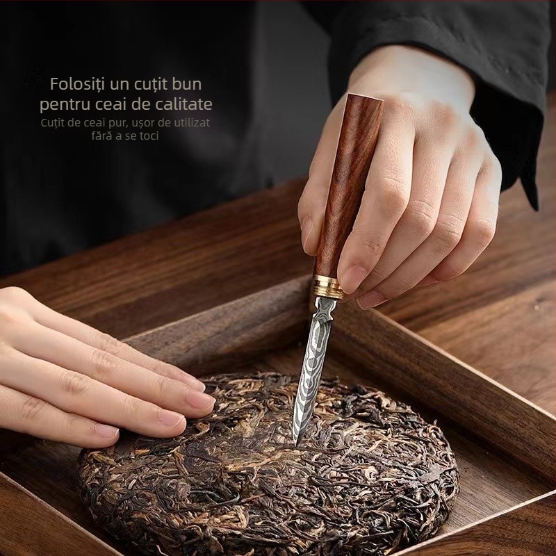 Set Pu'er pentru ceai: cuțit și ac pentru ceai, lemn de abanos și inel auriu — accesorii pentru ceremonia ceaiului