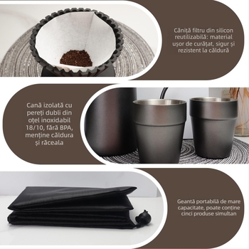 Set portabil pour-over cafea în cutie cadou: oală de cafea, filtru de cafea și un set cu două cești și farfurioare