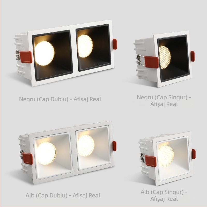 Spot LED pătrat încastrat cu două capete, anti‑reflexie profundă, iluminare dublă și grilaj hexagonal