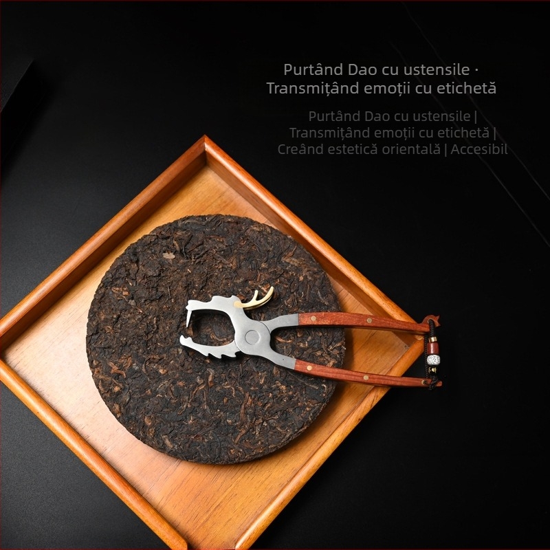 Set de instrumente pentru ceai din oțel inoxidabil și lemn de santal mov: clește pentru ceai, ac pentru ceai, cuțit pentru ceai, deschizător Pu'er pentru cake/brick, foarfecă pentru frunze de ceai