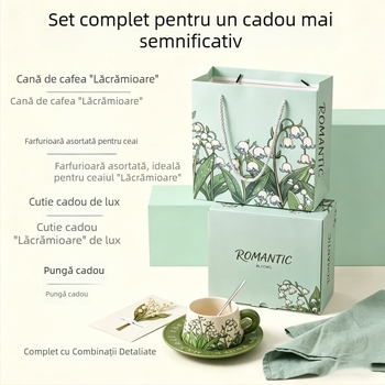 Set nordic de cești de cafea și farfurioare, ceramică premium, motiv floral, ambalaj cadou