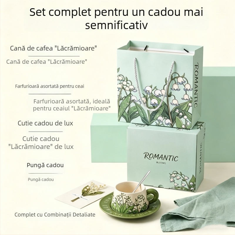 Set nordic de cești de cafea și farfurioare, ceramică premium, motiv floral, ambalaj cadou