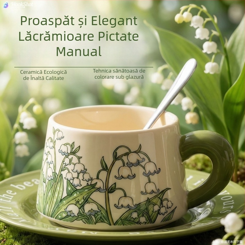 Set nordic de cești de cafea și farfurioare, ceramică premium, motiv floral, ambalaj cadou