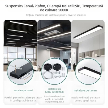 Lampă LED lungă pentru birou, stil industrial, panou dreptunghiular, 120 LED, 6000K alb rece, 120 cm, 220V, CRI 80–90, carcasă din aluminiu, fără reglaj, iluminează 5–10 m²