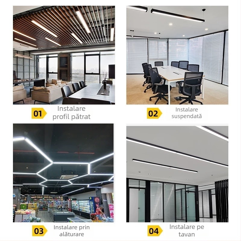 Lampă LED lungă pentru birou, stil industrial, panou dreptunghiular, 120 LED, 6000K alb rece, 120 cm, 220V, CRI 80–90, carcasă din aluminiu, fără reglaj, iluminează 5–10 m²
