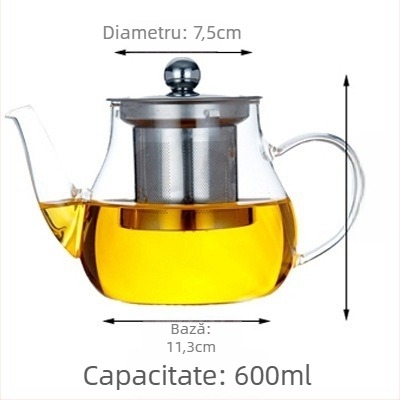 Ceainic din sticlă cu filtru din oțel inoxidabil, mâner lateral transparent, set de ceai pentru uz casnic cu separator de ceai și apă