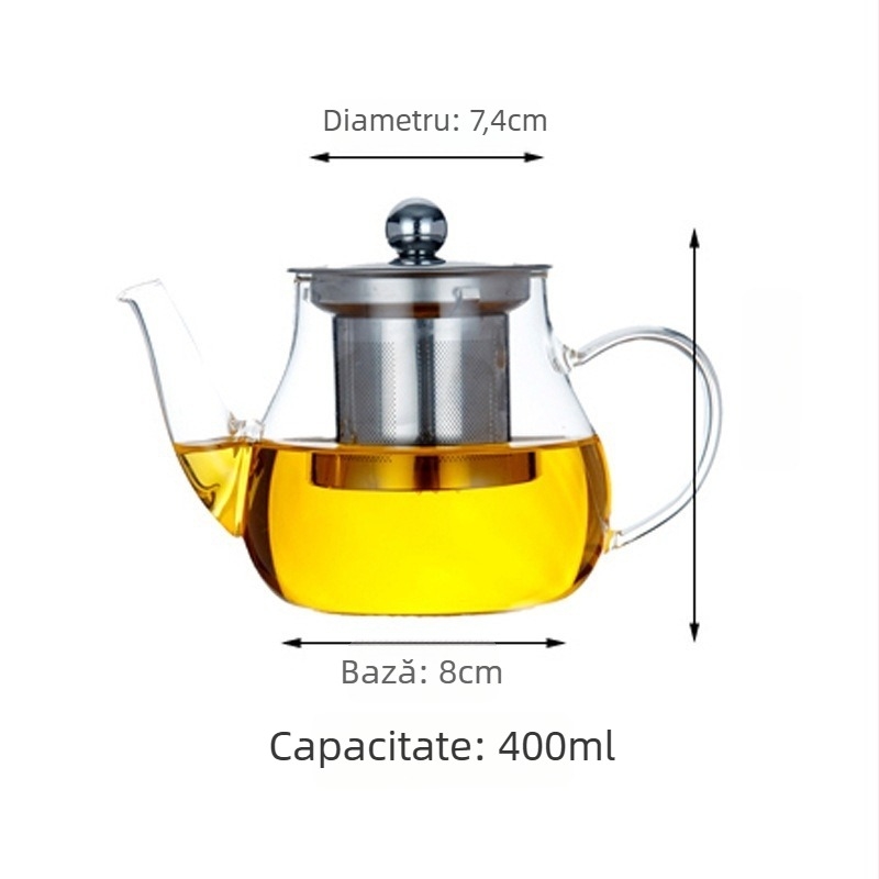 Ceainic din sticlă cu filtru din oțel inoxidabil, mâner lateral transparent, set de ceai pentru uz casnic cu separator de ceai și apă
