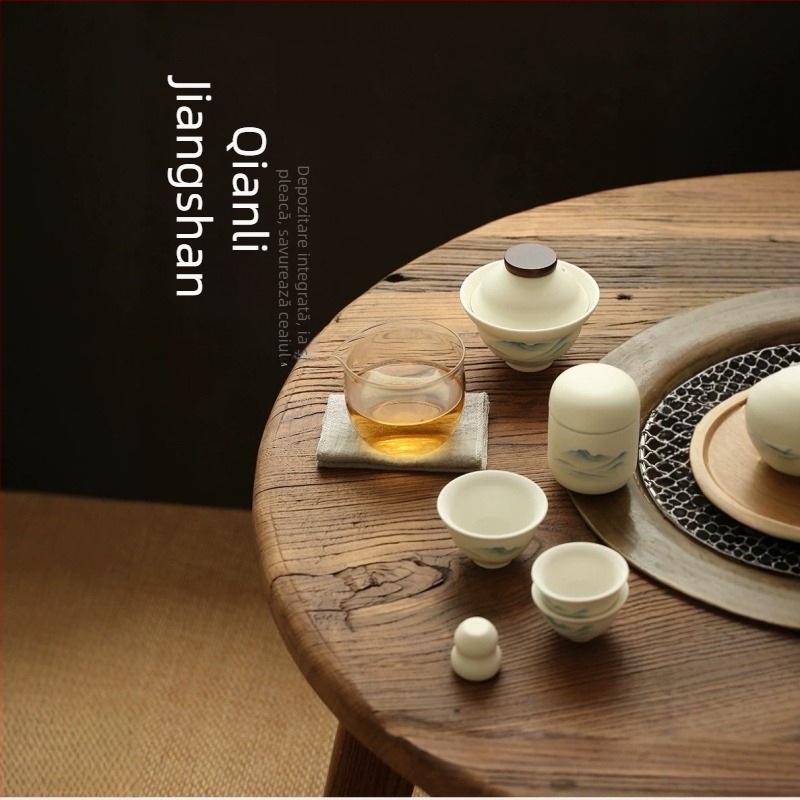 Set de ceai ceramic în stil chinezesc pentru călătorii în aer liber, cu o ceainică și două căni, cutie cadou.