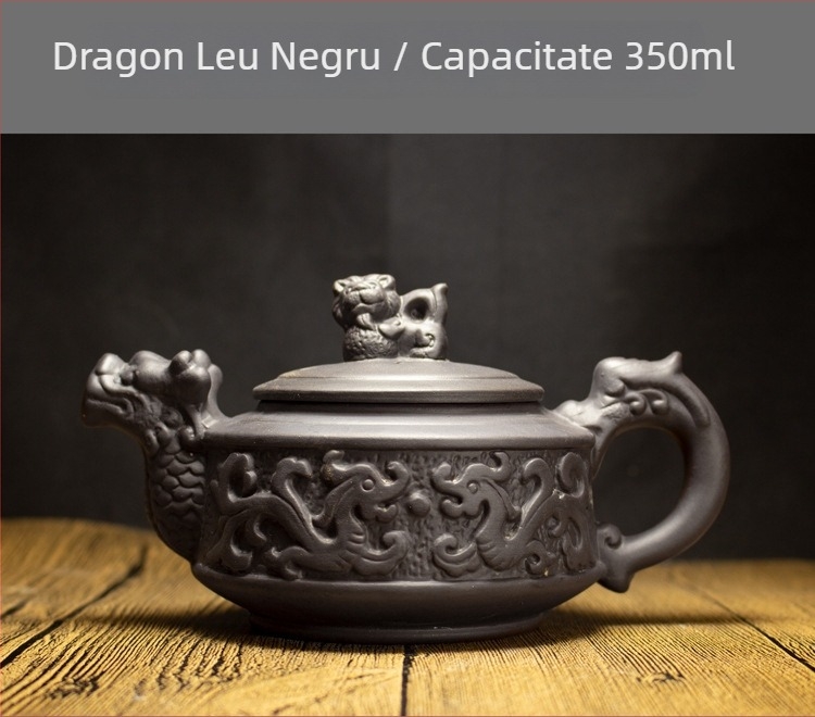 Ceainic cu relief din argilă mov, cu motivații dragon și Kirin, 350 ml
