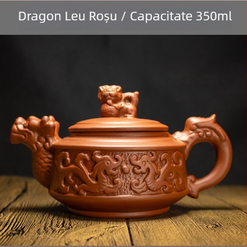 Ceainic cu relief din argilă mov, cu motivații dragon și Kirin, 350 ml