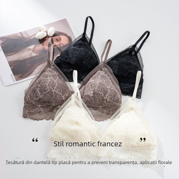 Tangge Sutien din mătase de dud, stil franțuzesc romantic, cupă triunghiulară, spate frumos, dantelă, ultra-subțire, fără sârmă