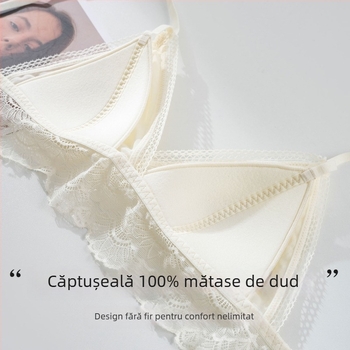Tangge Sutien din mătase de dud, stil franțuzesc romantic, cupă triunghiulară, spate frumos, dantelă, ultra-subțire, fără sârmă
