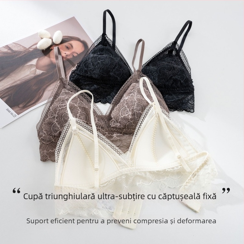 Tangge Sutien din mătase de dud, stil franțuzesc romantic, cupă triunghiulară, spate frumos, dantelă, ultra-subțire, fără sârmă