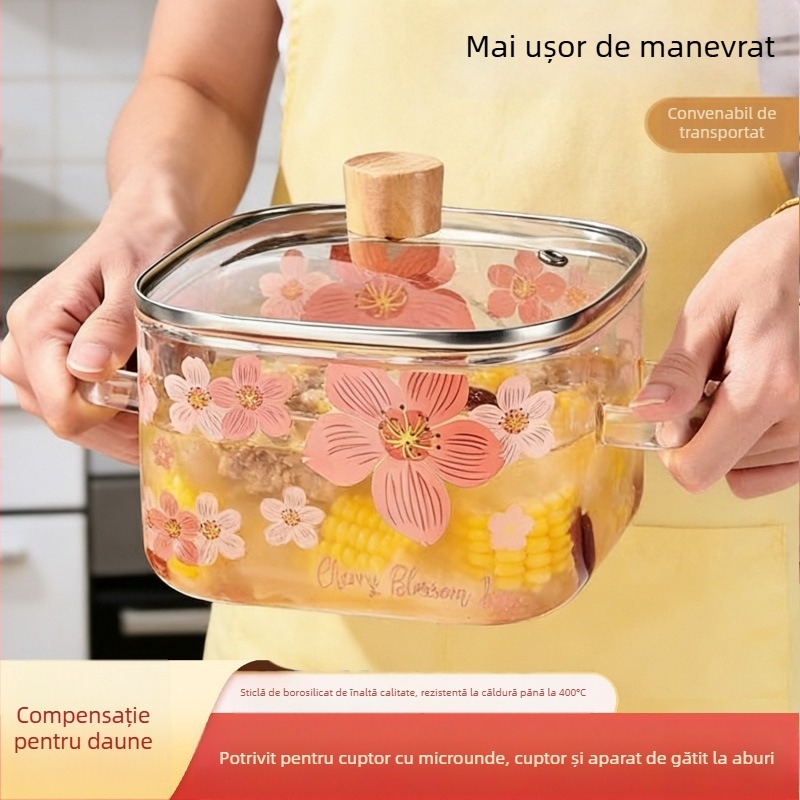 Oală din sticlă borosilicată groasă, cu două mâneri, pentru aragaz cu gaz; oală pentru supă și tăiței, 1.1–2 L