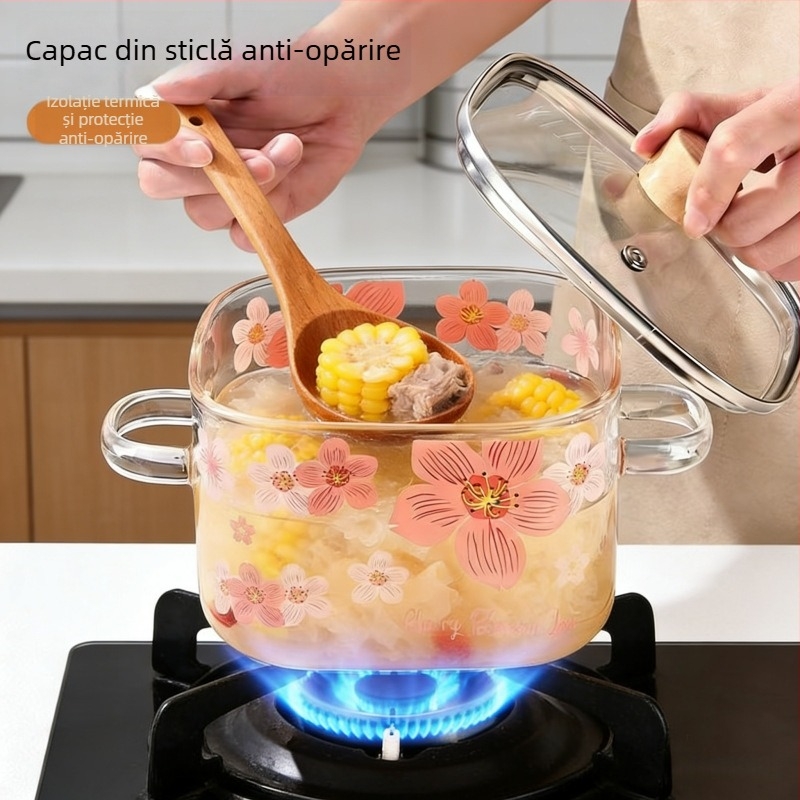 Oală din sticlă borosilicată groasă, cu două mâneri, pentru aragaz cu gaz; oală pentru supă și tăiței, 1.1–2 L