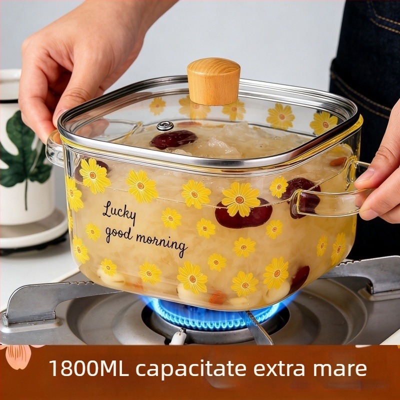 Oală din sticlă borosilicată groasă, cu două mâneri, pentru aragaz cu gaz; oală pentru supă și tăiței, 1.1–2 L