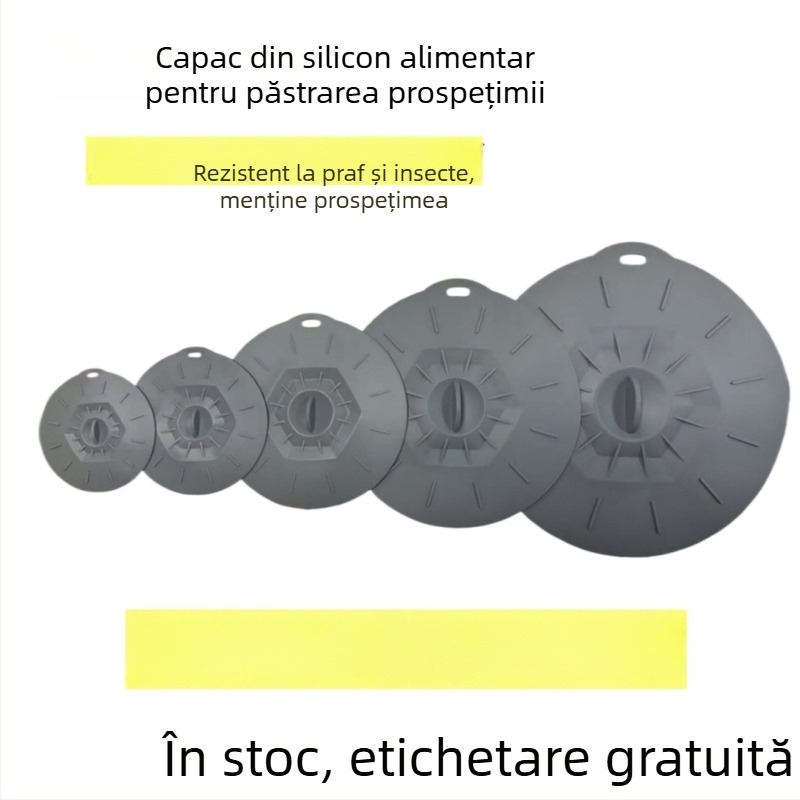 Set de cinci capace din silicon alimentar, gri, pentru sigilare și conservare, în dimensiuni multiple