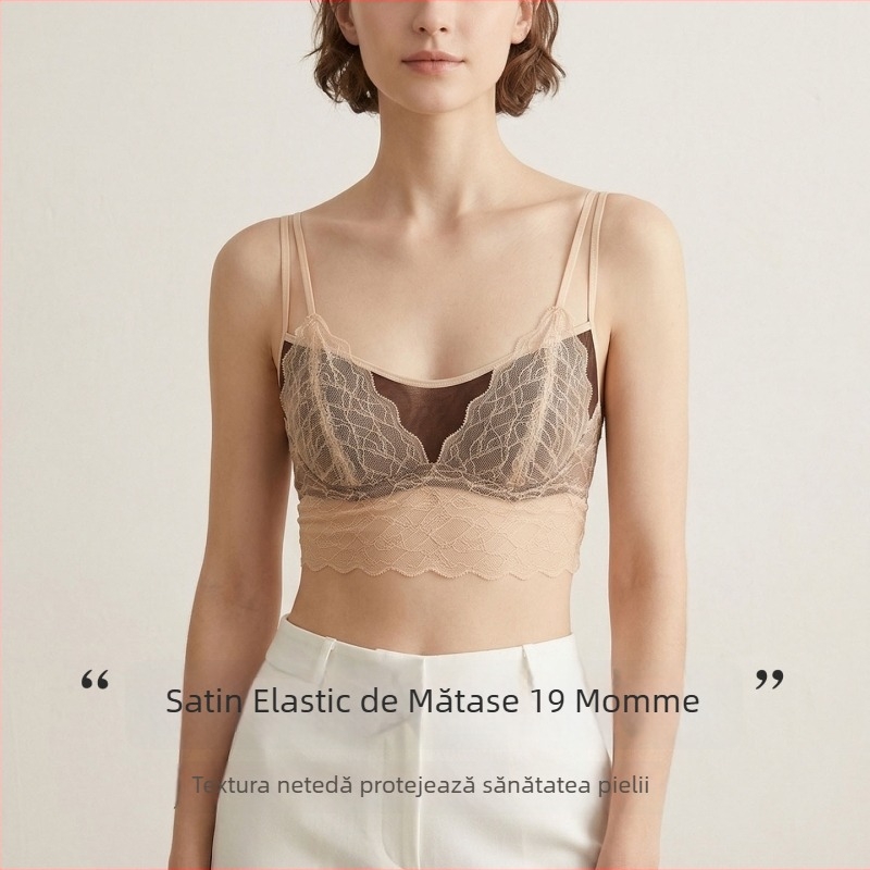 Tangge sutien din mătase cu dantelă în contrast, spate frumos, cupă 3/4, bretele duble