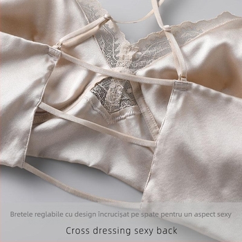 Sutien din satin de mătase mulberry, spate încrucișat, dantelă, fără sârmă metalică