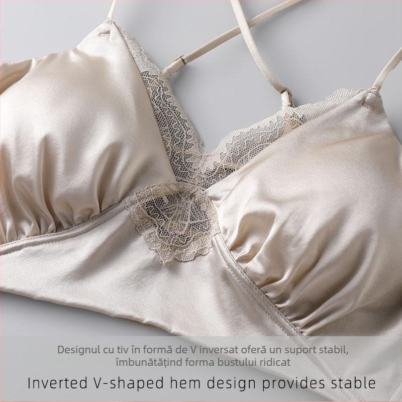 Sutien din satin de mătase mulberry, spate încrucișat, dantelă, fără sârmă metalică