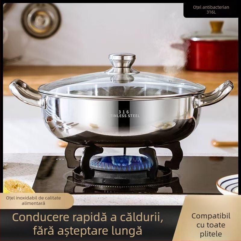 Oală de supă din oțel inoxidabil, îngroșată, pentru hot pot, compatibilă cu plita cu inducție, 2,1–3 L